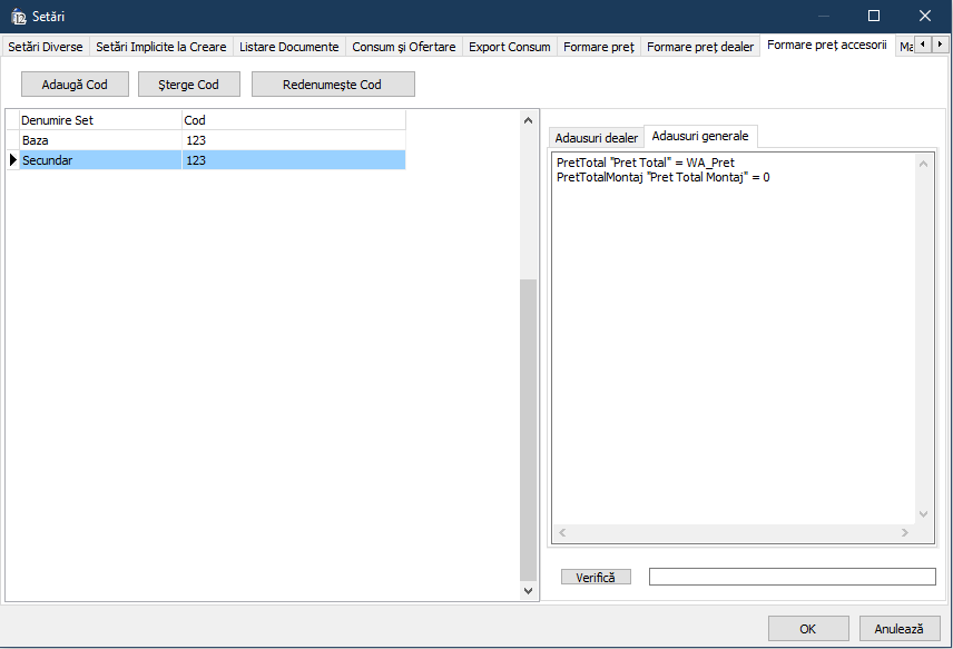 setari formare pret accesorii
