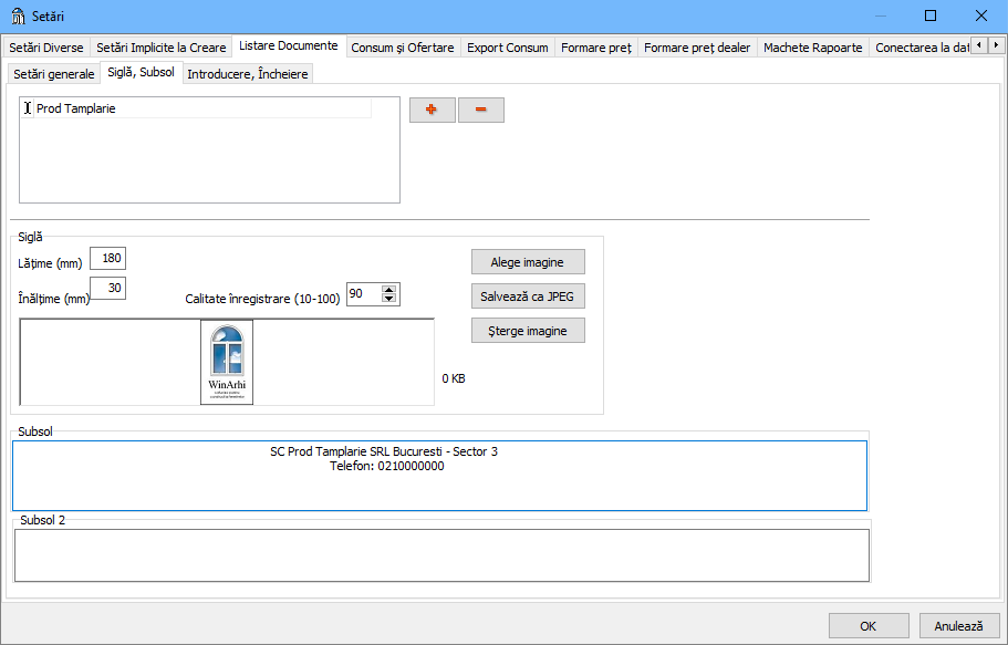 setari listare documente sigla subsol