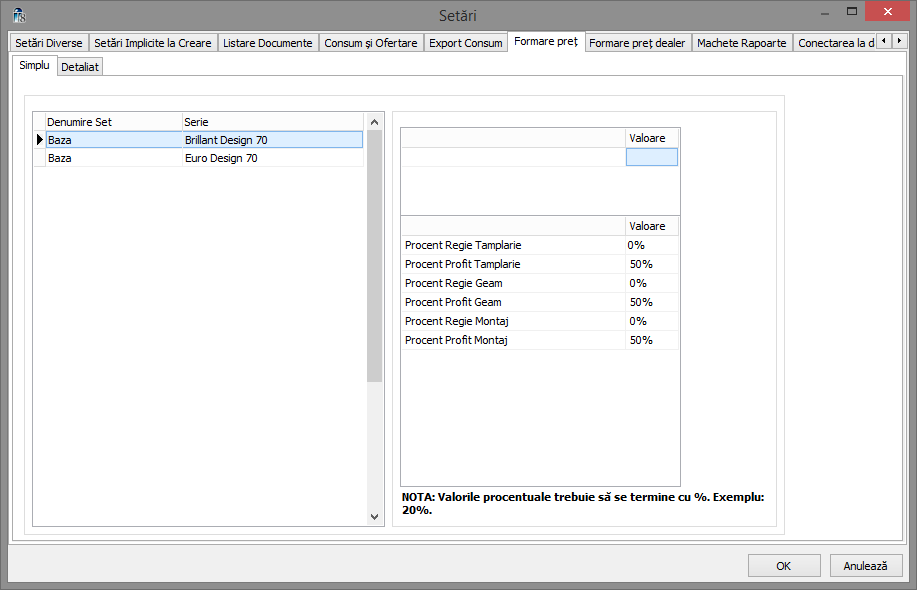 setari formare pret simplu