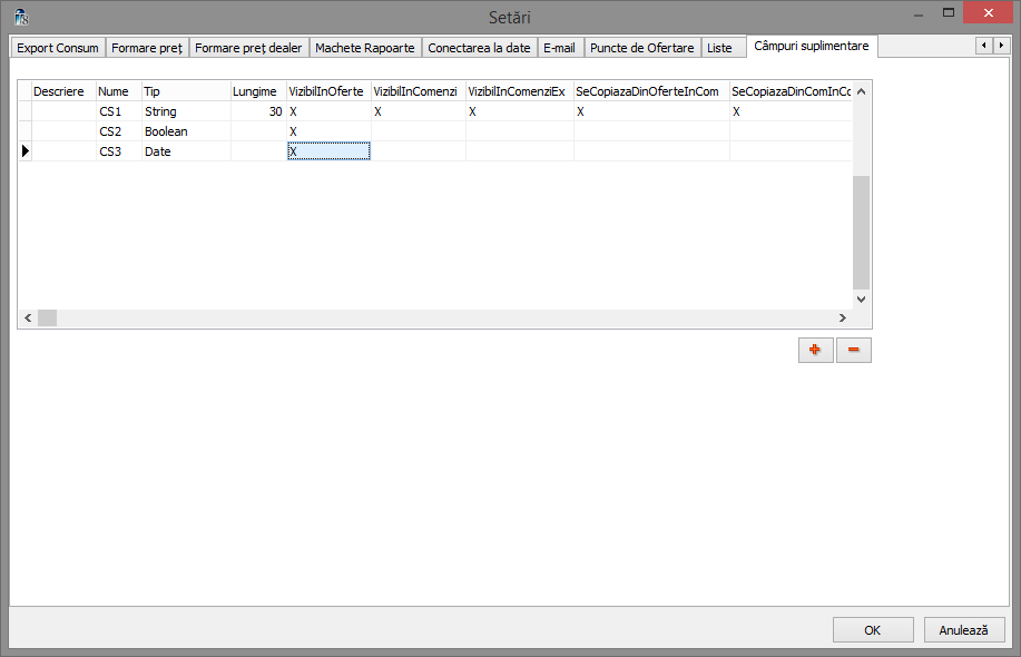 setari campuri suplimentare